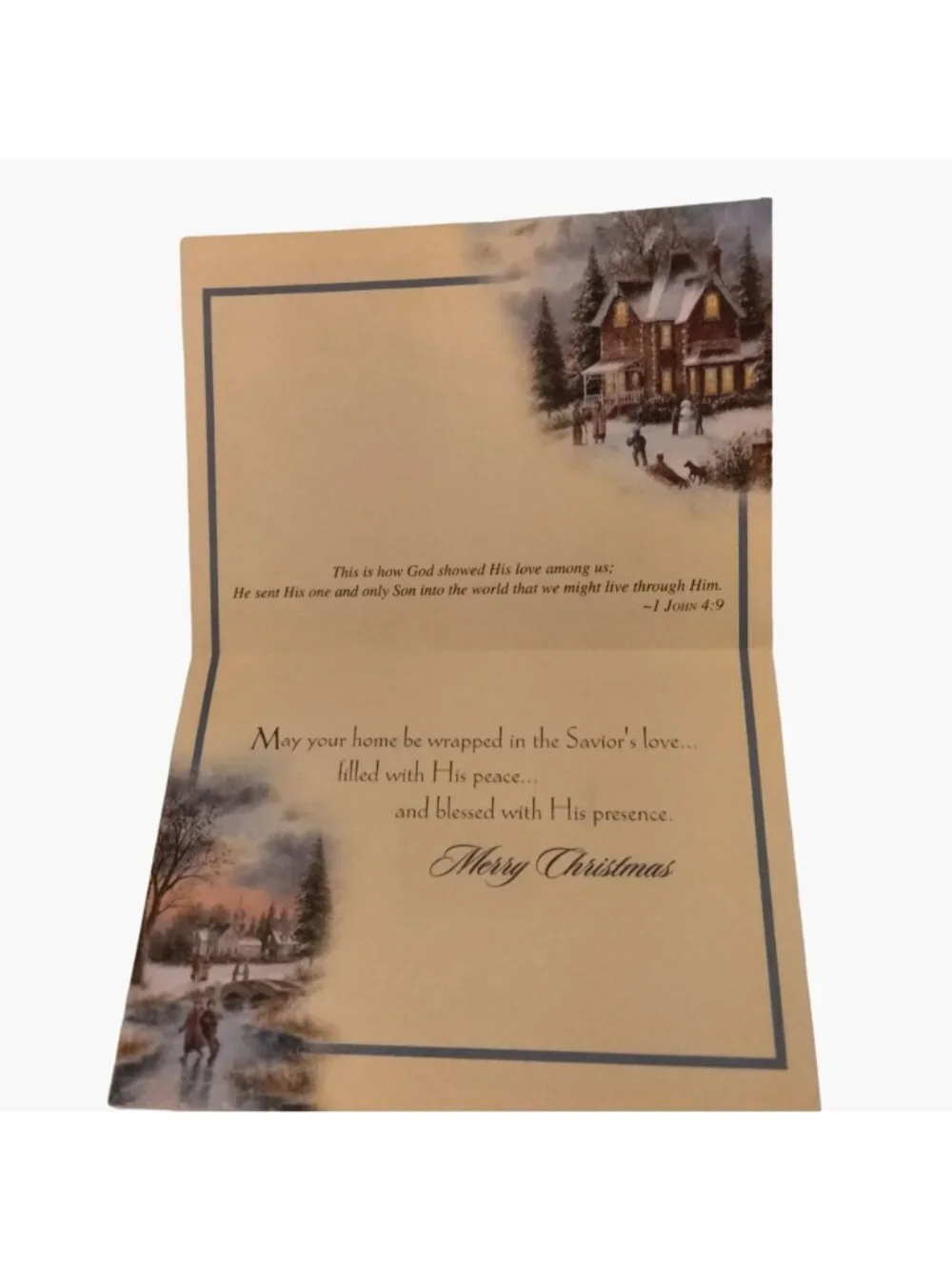 Christian Christmas Card Hearts Come Home Winter Village Bible Verse 1 John 4 9